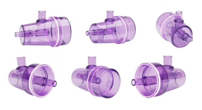 Multiple views of a clear purple medical nebulizer device isolated on white background showcasing its components for respiratory treatment purposes - Powered by Adobe