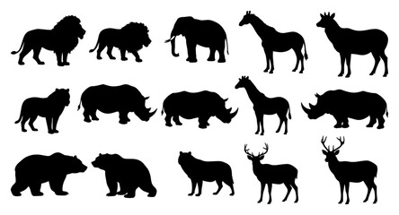 Fototapeta premium Silhouette collection of wild animals with lions, elephants, giraffes, and more