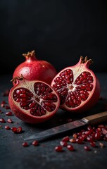 Close-up of pomegranate halves showcasing vibrant red seeds.