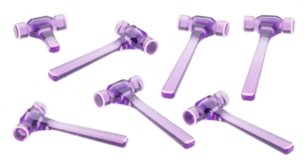 Abstract collection of translucent purple mallet tools on a white surface with blurred reflections suitable for construction concepts