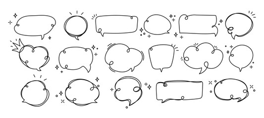 Fototapeta premium Doodle Style Speech and Thought Bubble Icons. Speech bubbles doodle style with sketchy lines and decorative elements, for social media graphics, stickers, presentations. Vector illustration