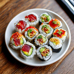 Variety of colorful sushi rolls resting on white plate on wooden table