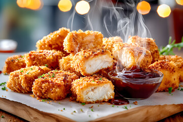 Steaming Hot Crispy Chicken Nuggets with Barbecue Sauce