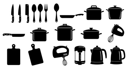 Silhouette kitchen utensils collection: knives, spoons, pots, and appliances