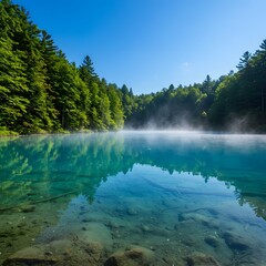 A tranquil sky-blue lake surrounded by a tranquil forest, enveloped in blue fog and soft light.
