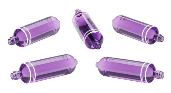 Purple glass capsules in abstract arrangement on white background hinting pharmaceutical medical or health applications