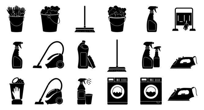 Household cleaning icons set with silhouettes of brooms, buckets, and appliances