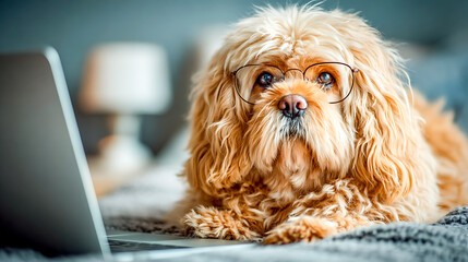 Intelligent dog wearing eyeglasses lying near laptop on bed working from home