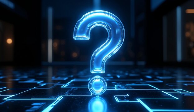 Glowing Question Mark on a Futuristic Circuit Board Background
