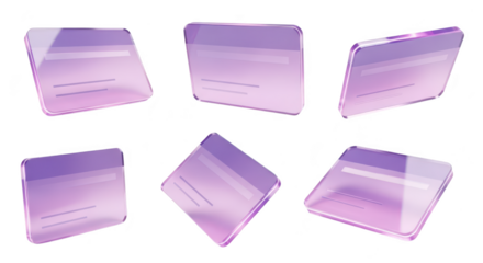 Transparent purple digital credit cards floating on white suggesting online transactions and futuristic finance concepts