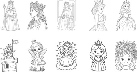 Set of princess and fairy characters outline drawing coloring book page vector