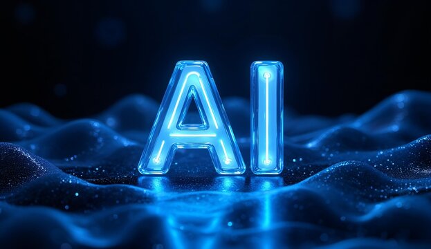 Glowing 'AI' letters on a futuristic blue wave background