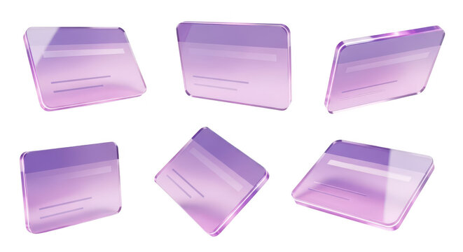 Transparent purple digital credit cards floating on white suggesting online transactions and futuristic finance concepts