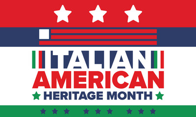 Italian American Heritage Month. Happy holiday celebrate annual in October. Italy and United States flag. Culture month. Patriotic design. Poster, card, banner, template. Vector illustration