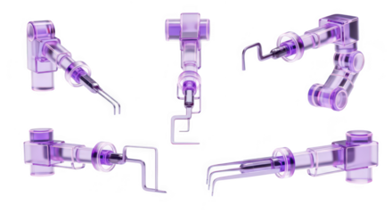 Transparent robotic arm models in various angles showcasing different tools against a clean white background ideal for medical or technological illustrations