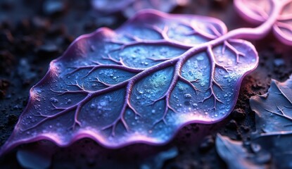 Vibrant Purple Leaf with Dew Drops, Close-Up