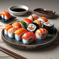 sushi with salmon on a plate and chopsticks food roll japan cuisine gourmet healthy meal fresh lunch dinner restaurant fish seafood shrimp rise pattern design white background close-up
