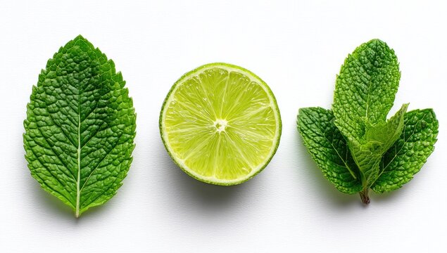 A lime slice centered between two sprigs of fresh mint leaves, all arranged on a pristine white background