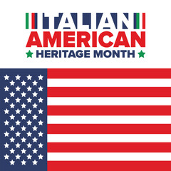 Italian American Heritage Month. Happy holiday celebrate annual in October. Italy and United States flag. Culture month. Patriotic design. Poster, card, banner, template. Vector illustration