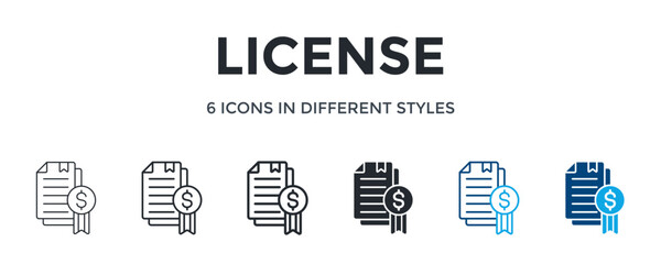License Icon In Different Style Vector Illustration. Designed In Thin Line, Regular Line, Bold Line, Glyph, Color Line, And Color Glyph Style Can Be Used For Web