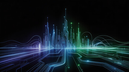 A luminous, circuit-board cityscape with glowing lines and abstract data streams.