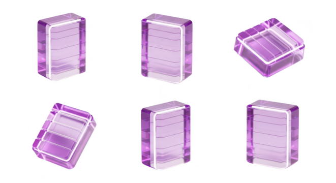 Six transparent purple glass blocks in various positions casting shadows on a white background ideal for design elements
