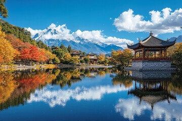 Naklejka premium Scenic Lake with Pagoda and Snow - Covered Mountains