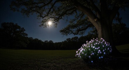 Sunset in the park, Night landscape with moon and tree