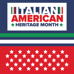 Italian American Heritage Month. Happy holiday celebrate annual in October. Italy and United States flag. Culture month. Patriotic design. Poster, card, banner, template. Vector illustration