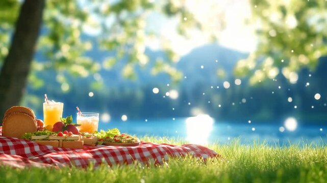Idyllic picnic on sunny grass by a sparkling lake with bokeh. Leisure, happiness, serenity. Perfect summer day, romance, simple pleasures. Ideal for food blogs, lifestyle ads, family.