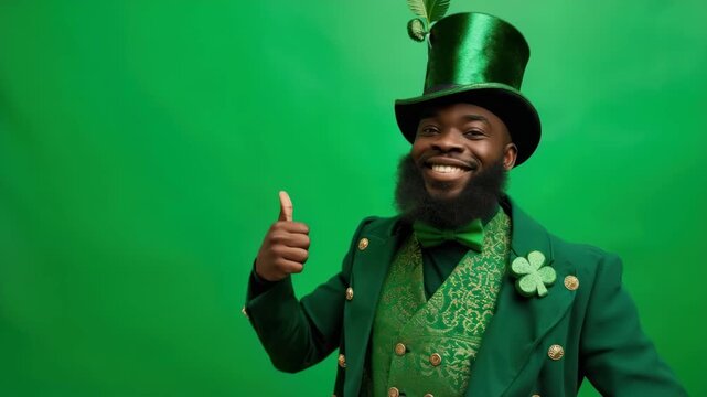 Man in green hat and suit with shamrock gives thumbs up on green background for Saint Patrick's Day celebration - Powered by Adobe