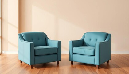 Two armchairs positioned to form a rectangular shape in a room, view, fabric
