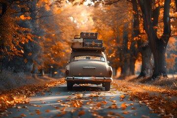 Classic vintage car driving on a leaf-covered autumn road with luggage on roof, evoking nostalgia, travel, and seasonal exploration through nature
