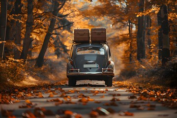 Vintage car with suitcases on roof driving through autumn forest road covered with fallen leaves, evoking travel, nostalgia, and seasonal adventure