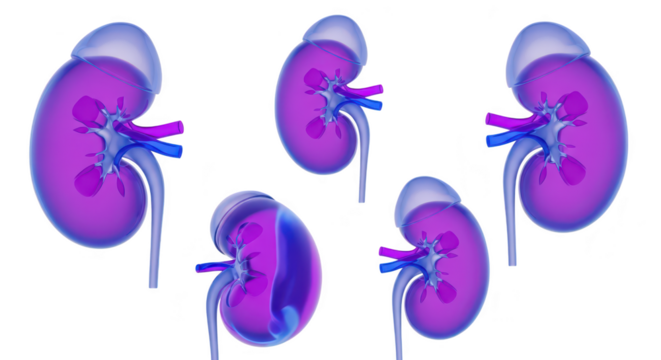 Five medical illustrations of kidneys in a radial composition against a pure white backdrop for healthcare and educational purposes