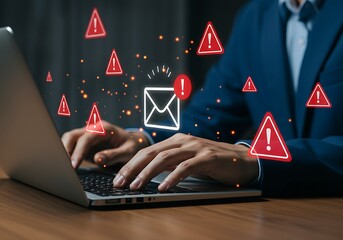 Modern digital threats: a person working on a laptop, overlaid with urgent email security warnings.