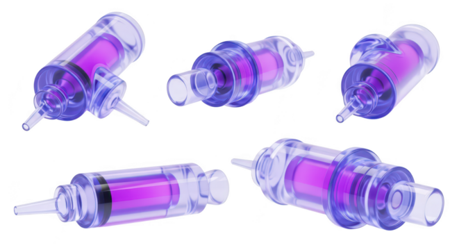 Sterile syringe set in multiple angles showcasing filled vial of pink liquid against a clean white background ready for medical applications