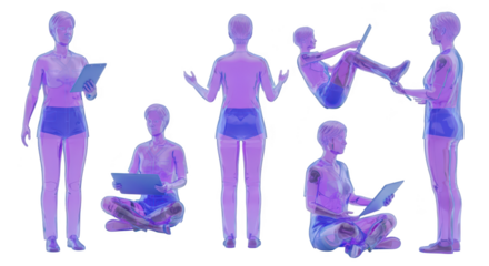 Rendered figures of a person in active poses holding a digital tablet against a clean white backdrop suitable for design projects
