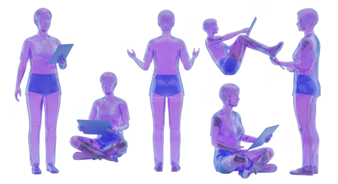 Rendered figures of a person in active poses holding a digital tablet against a clean white backdrop suitable for design projects
