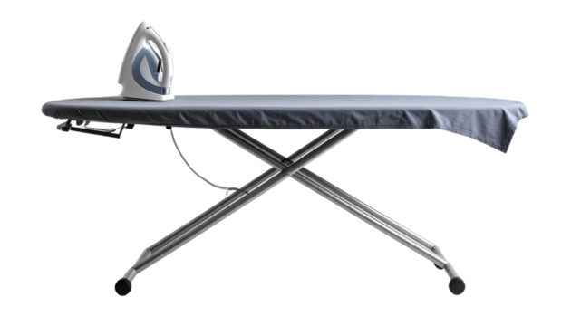 Folded ironing board with metal legs, isolated on a transparent background