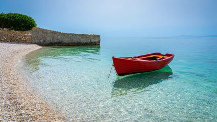 Naklejka premium Tranquil red rowboat floats on crystal clear turquoise water by pebble beach