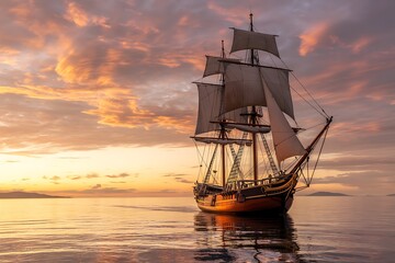 Stunning tall ship sails serenely on calm waters at sunset with vibrant skies and peaceful horizon view