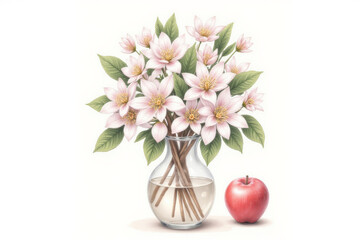 Beautiful floral arrangement in a vase with pink flowers and red apple, symbol of education and nature