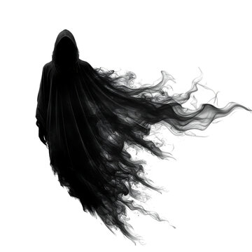 A dark hooded figure with a smoky cloak isolated on transparent background