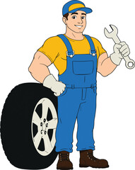 Strong mechanic holding wrench, standing next to car tire, wearing blue overalls and cap, smiling worker, automotive repair service