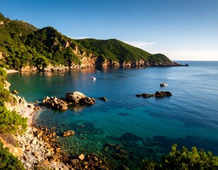 Obraz premium Coastal scenery with turquoise water and lush hills