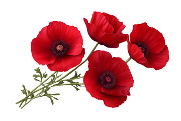 Red poppy flower isolated on a transparent background in PNG format.