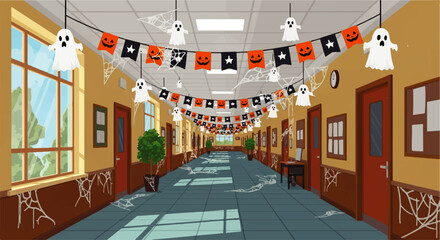 Halloween Decorated School Corridor with Ghosts and Spiderwebs.
