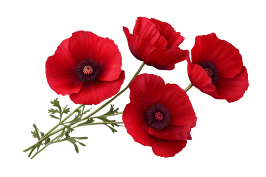 Red poppy flower isolated on a transparent background in PNG format.