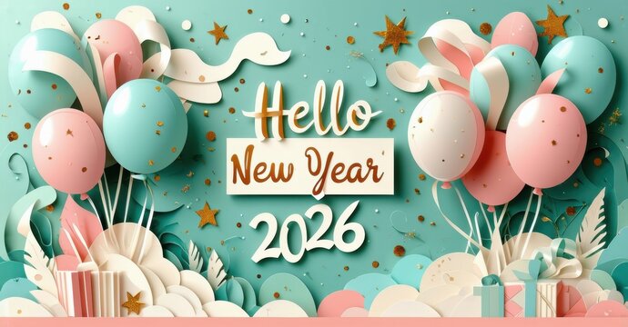 Festive New Year backdrop features balloons, gifts, confetti. Celebratory design with text Hello New Year 2026. Bright colors, papercraft style.